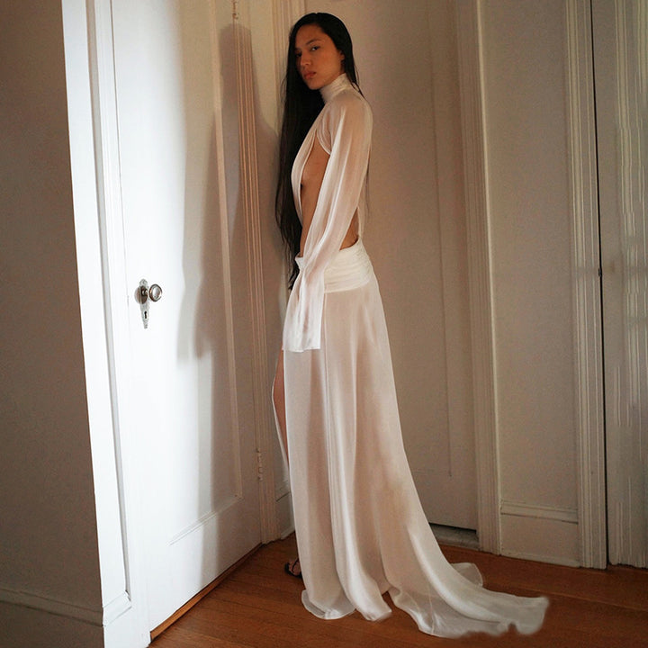Damer elegant Maxikjol med genomskinliga ärmar och sidospalt Mirla-Eva Jonsson