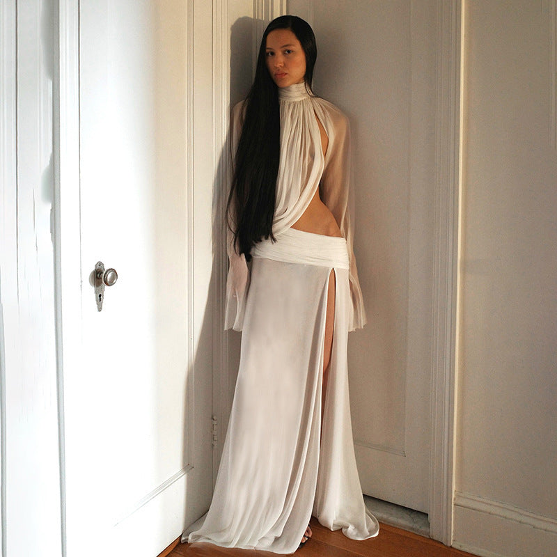 Damer elegant Maxikjol med genomskinliga ärmar och sidospalt Mirla-Eva Jonsson