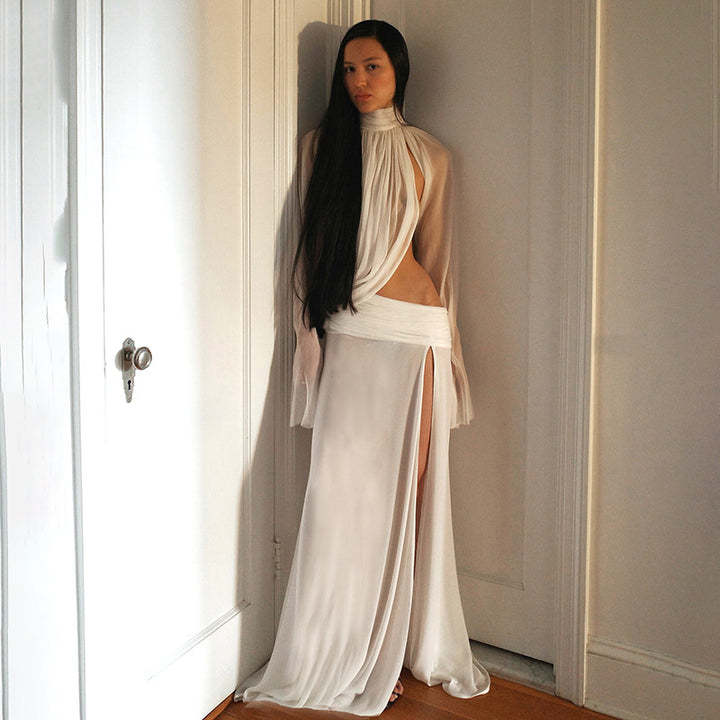 Damer elegant Maxikjol med genomskinliga ärmar och sidospalt Mirla-Eva Jonsson