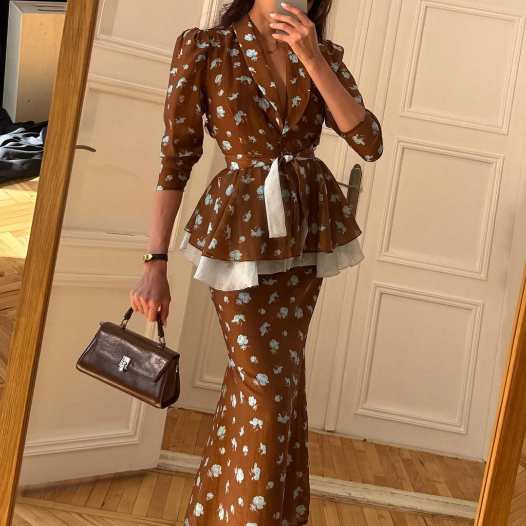 Damer elegant Maxiklänning med voluminös volangslut och blommönster Mirla-Eva Jonsson