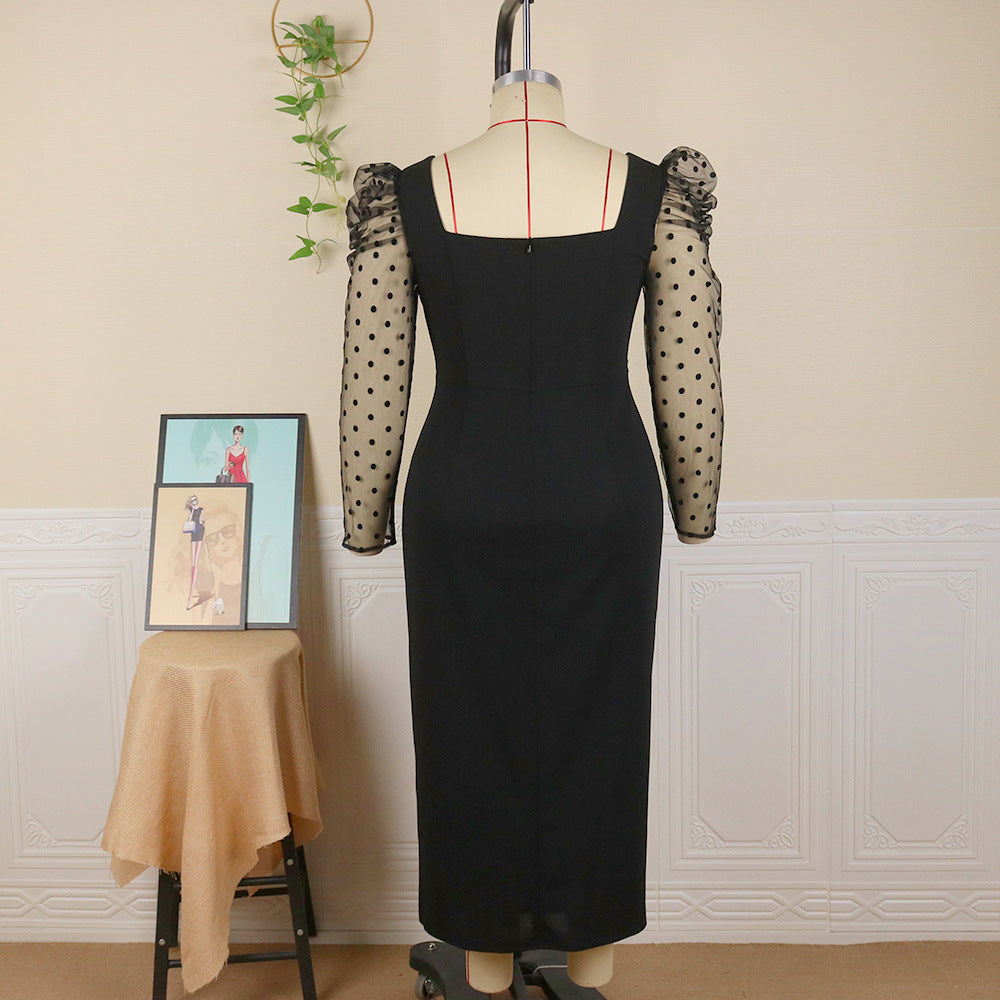 Damer elegant Midi-klänning med transparenta puffärmar och ömt ruffle accent-Eva Jonsson