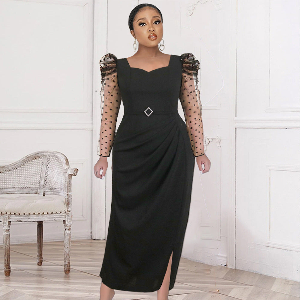 Damer elegant Midi-klänning med transparenta puffärmar och ömt ruffle accent-Eva Jonsson