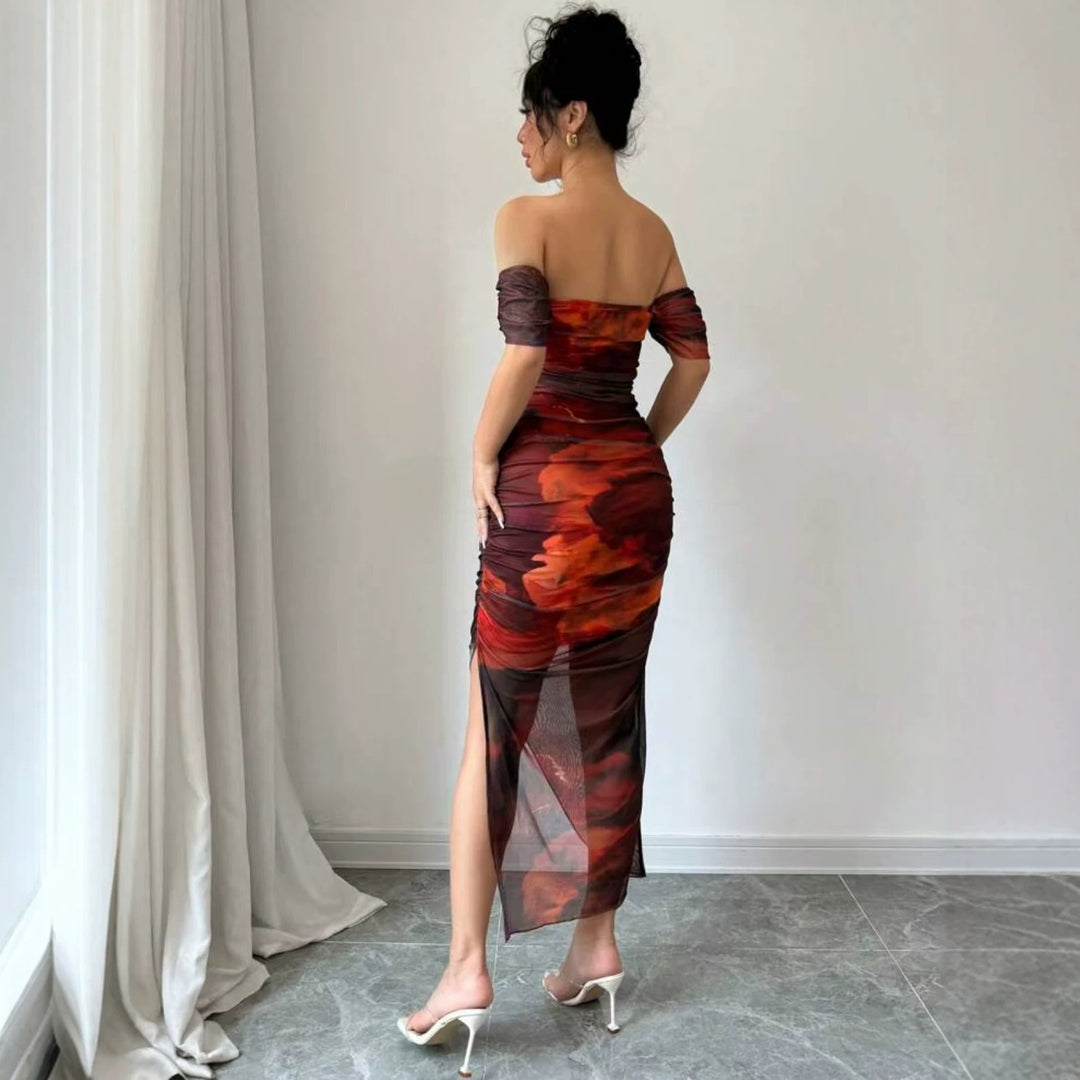 Damer elegant Off-Shoulder klänning med raffinerade volanger Mirla-Eva Jonsson
