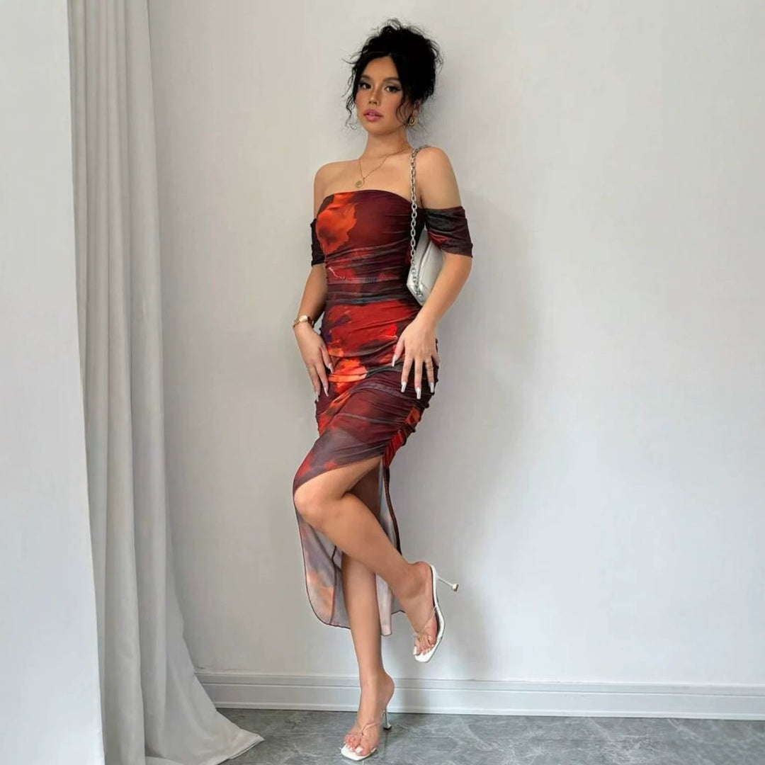 Damer elegant Off-Shoulder klänning med raffinerade volanger Mirla-Eva Jonsson