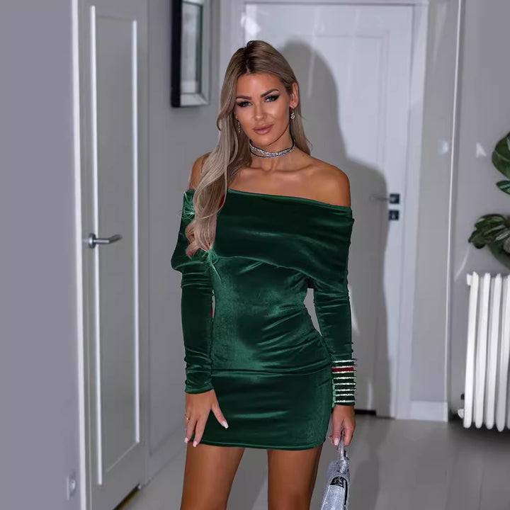 Damer elegant Off-Shoulder miniklänning med metalliska accentärmar Mirla-Eva Jonsson