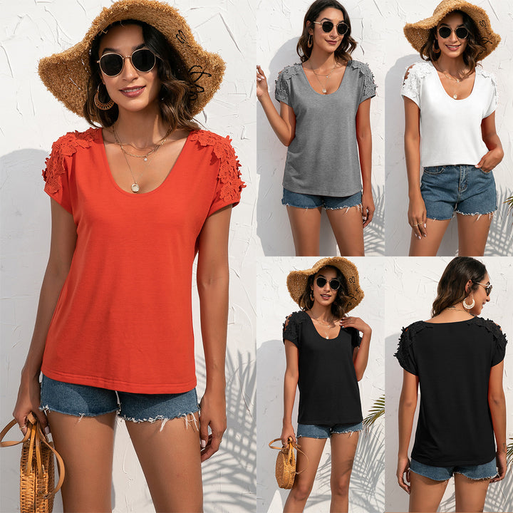 Damer elegant T-shirt med blommig spetsdekoration Eva Jonsson-Eva Jonsson