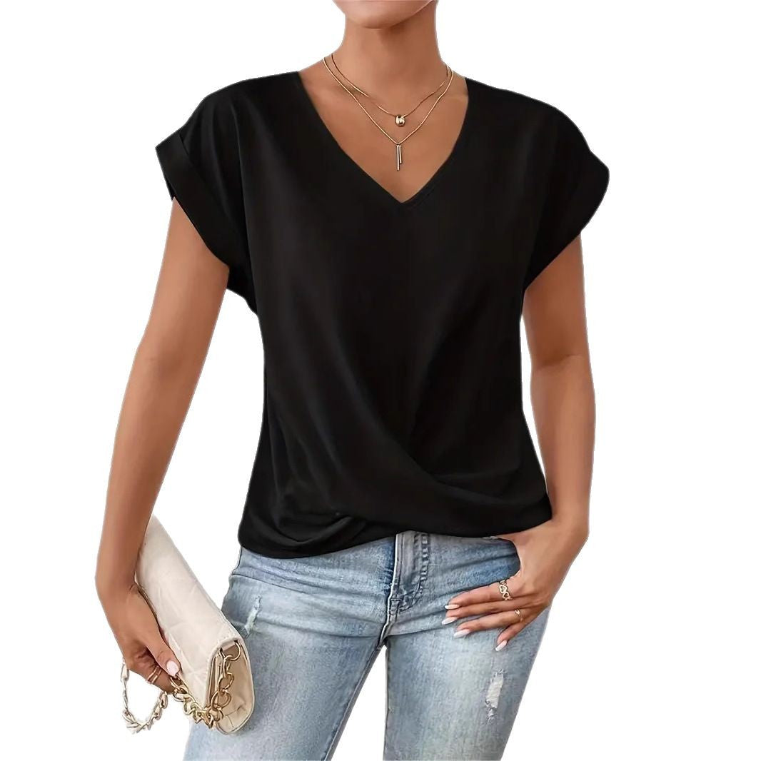 Damer elegant V-halsblus med avslappnad drapering Mirla-Eva Jonsson