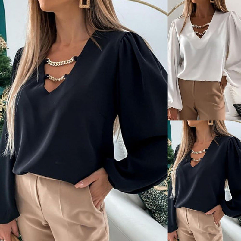 Damer elegant V-ringad blus med kedjedetalj Eva Jonsson-Eva Jonsson