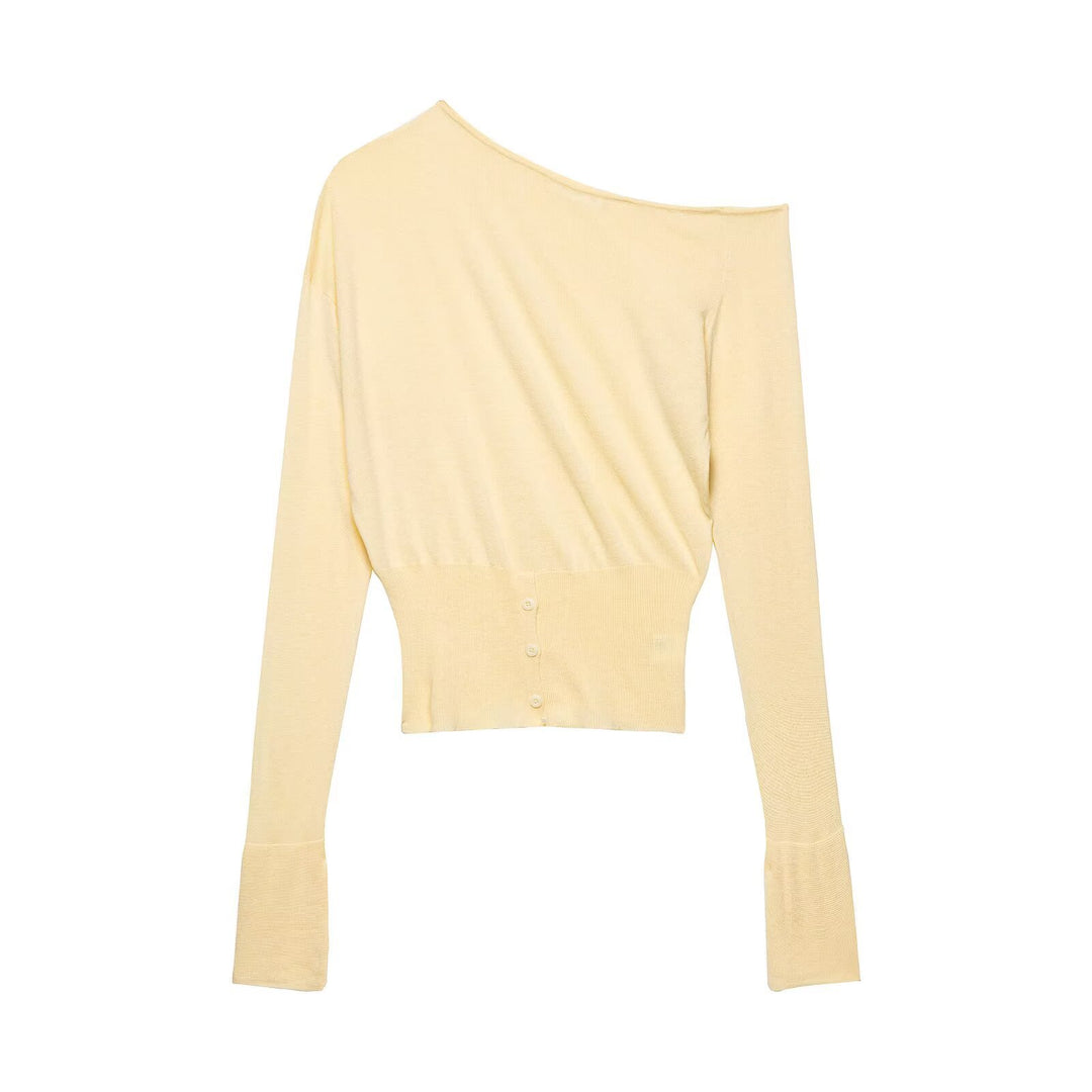 Damer elegant asymmetrisk långärmad topp med knapppdetail Mirla-Eva Jonsson
