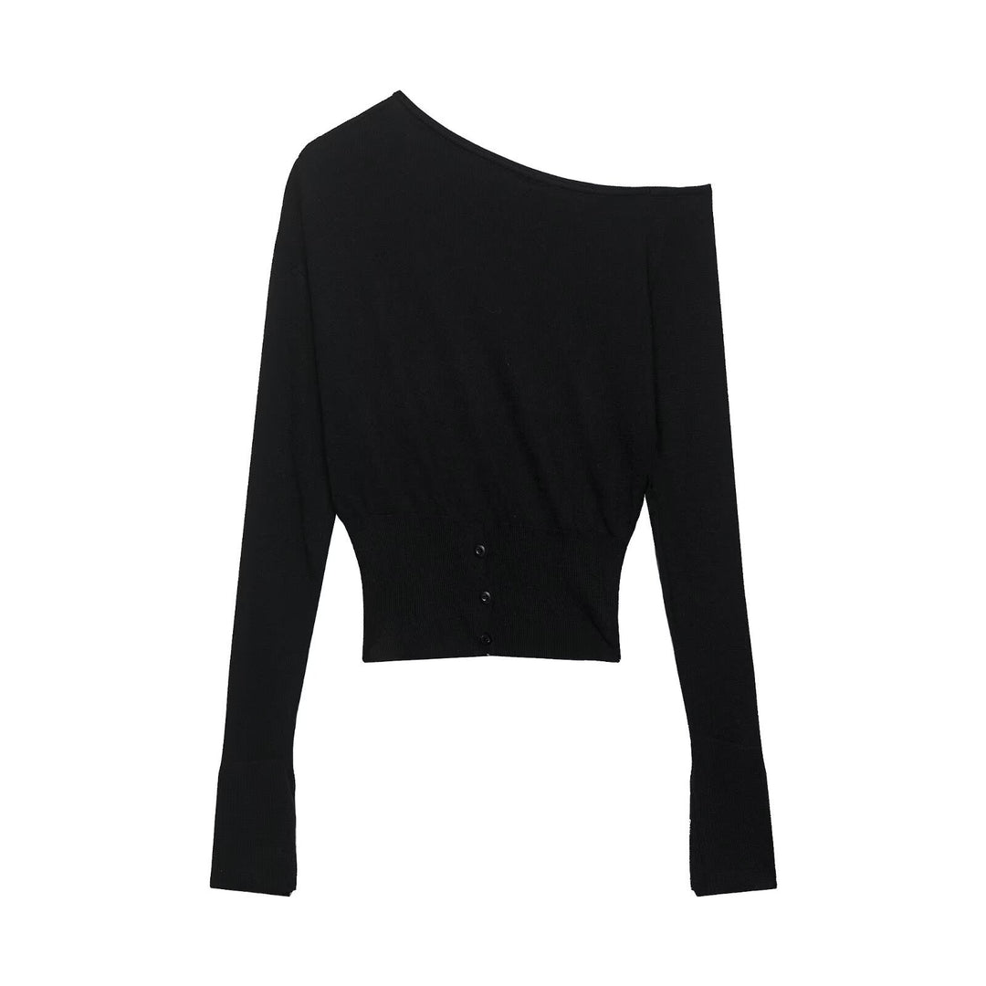 Damer elegant asymmetrisk långärmad topp med knapppdetail Mirla-Eva Jonsson