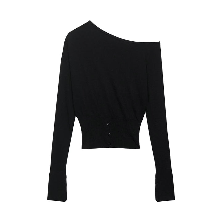 Damer elegant asymmetrisk långärmad topp med knapppdetail Mirla-Eva Jonsson
