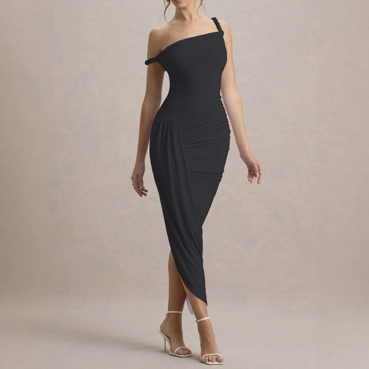 Damer elegant asymmetrisk maxiklänning med rynkor Mirla-Eva Jonsson