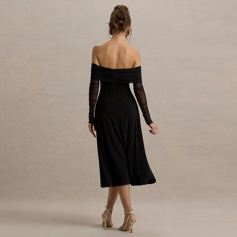 Damer elegant axelbandslöst midikjol med volangdetaljer och genomskinliga ärmar Mirla-Eva Jonsson