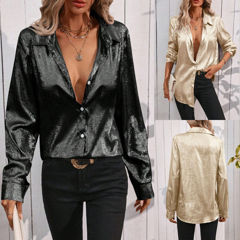 Damer elegant blus i skimrande tyg med klassisk krage Mirla-Eva Jonsson