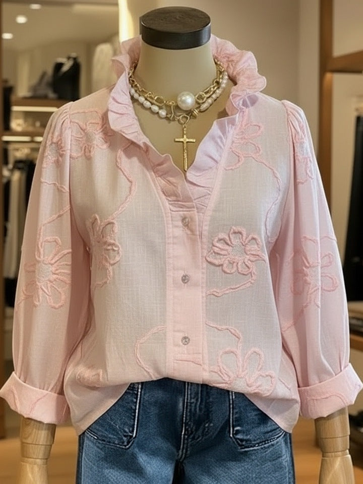 Damer elegant blus med blommiga broderier och voluminösa ärmar Mirla-Eva Jonsson