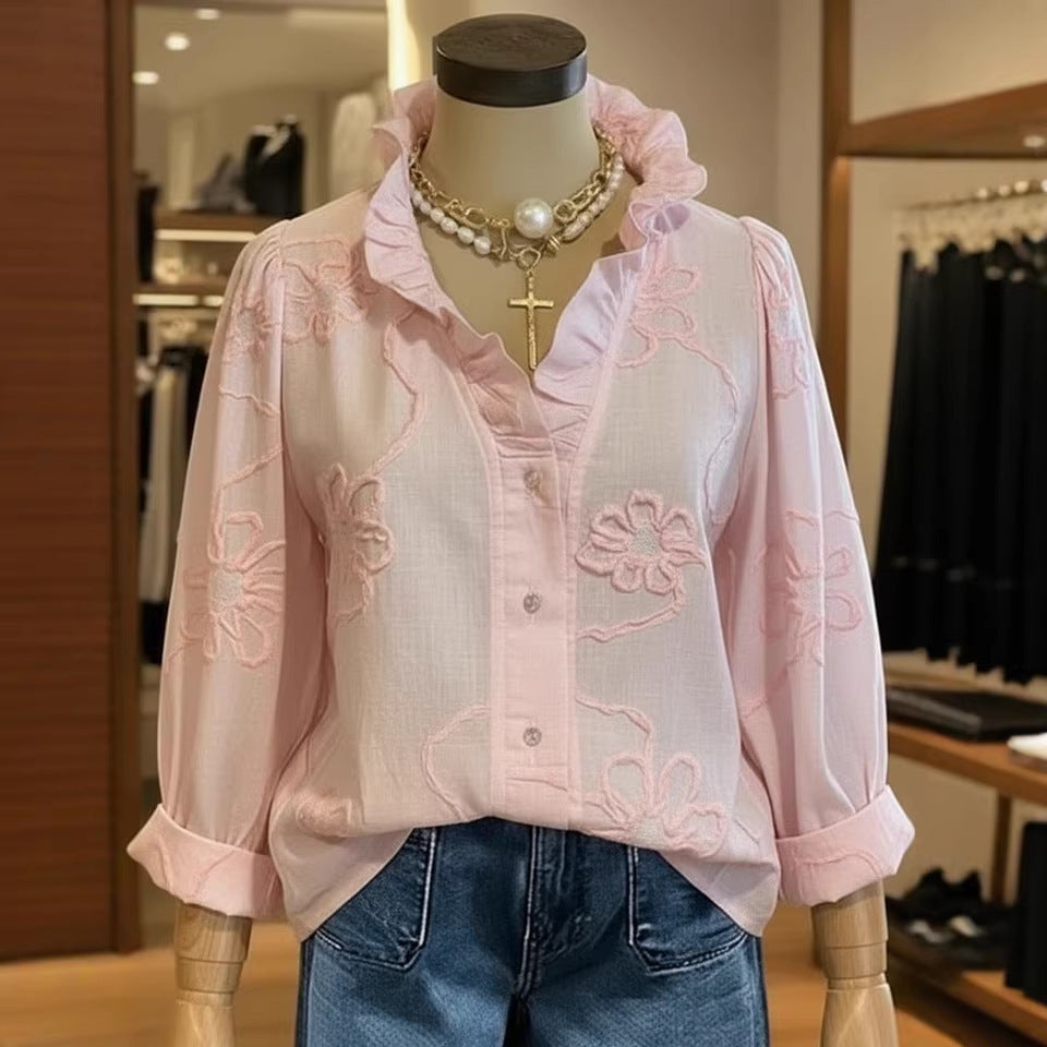 Damer elegant blus med blommiga broderier och voluminösa ärmar Mirla-Eva Jonsson