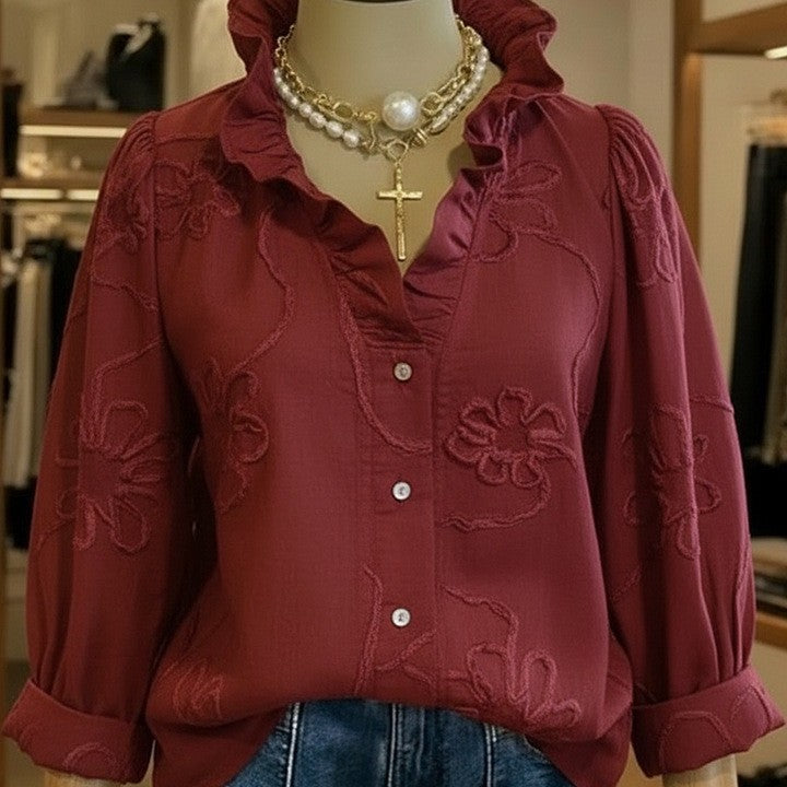 Damer elegant blus med blommiga broderier och voluminösa ärmar Mirla-Eva Jonsson