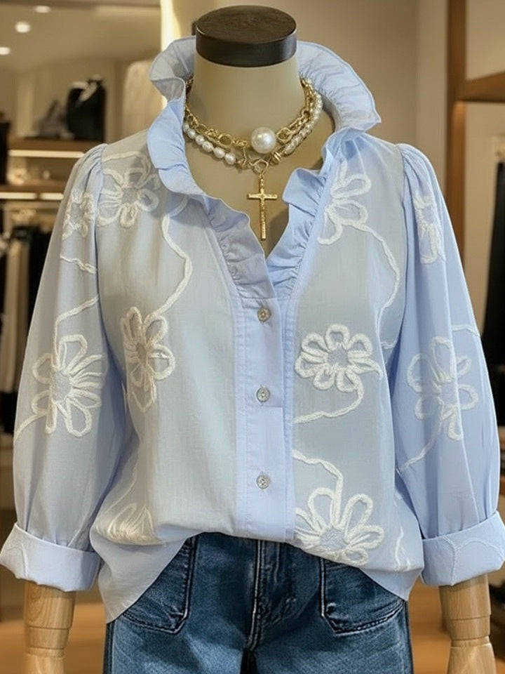 Damer elegant blus med blommiga broderier och voluminösa ärmar Mirla-Eva Jonsson