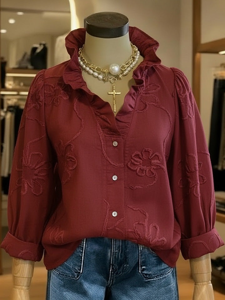 Damer elegant blus med blommiga broderier och voluminösa ärmar Mirla-Eva Jonsson