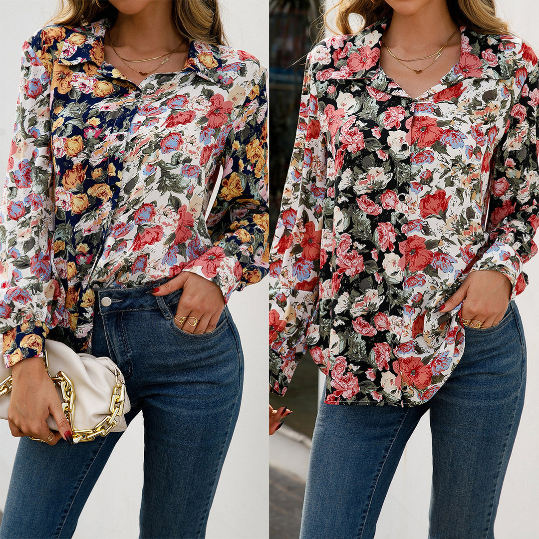 Damer elegant blus med blommönster och knapppdetaljer Eva Jonsson-Eva Jonsson