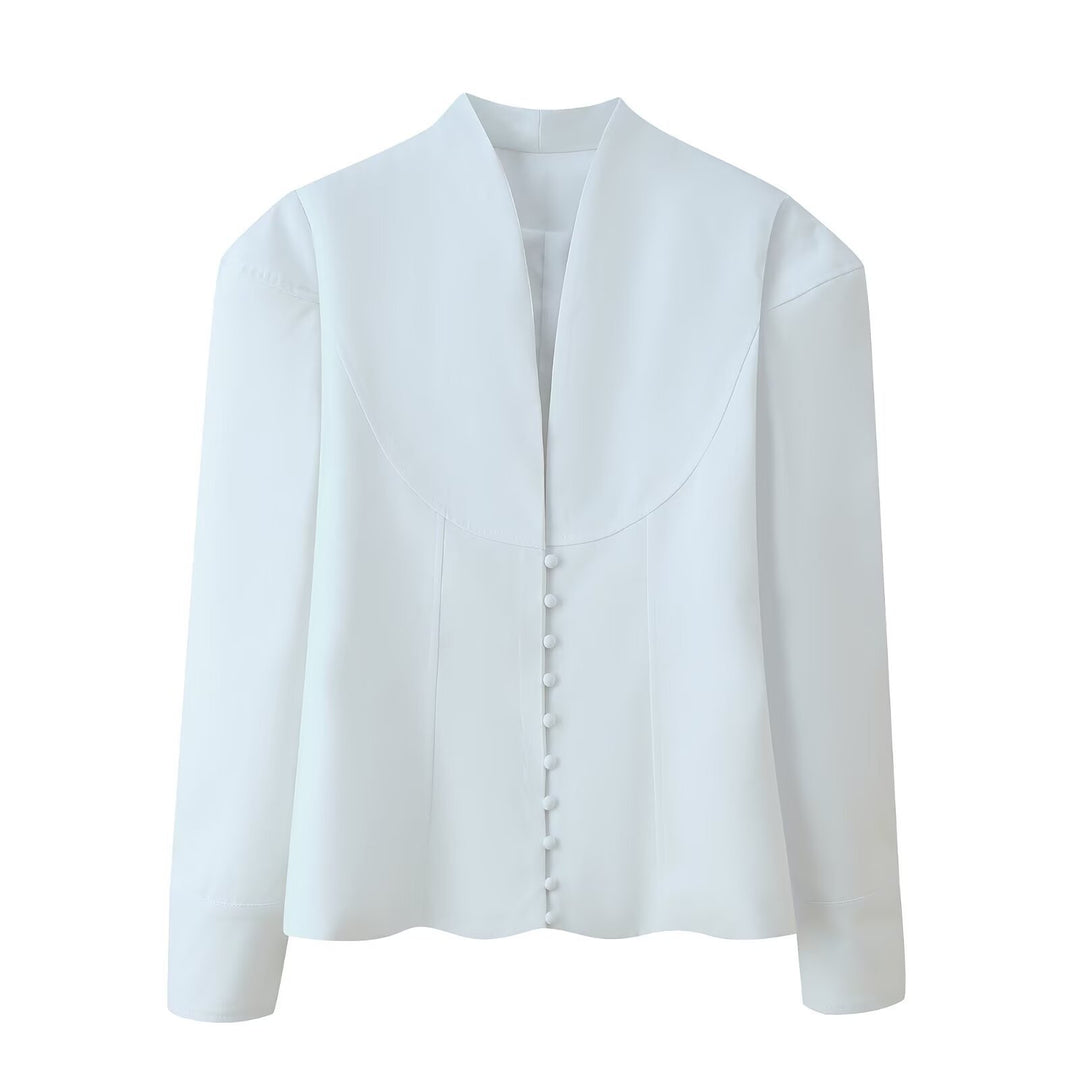 Damer elegant blus med breda slag och dekorativa knappdetaljer Mirla-Eva Jonsson