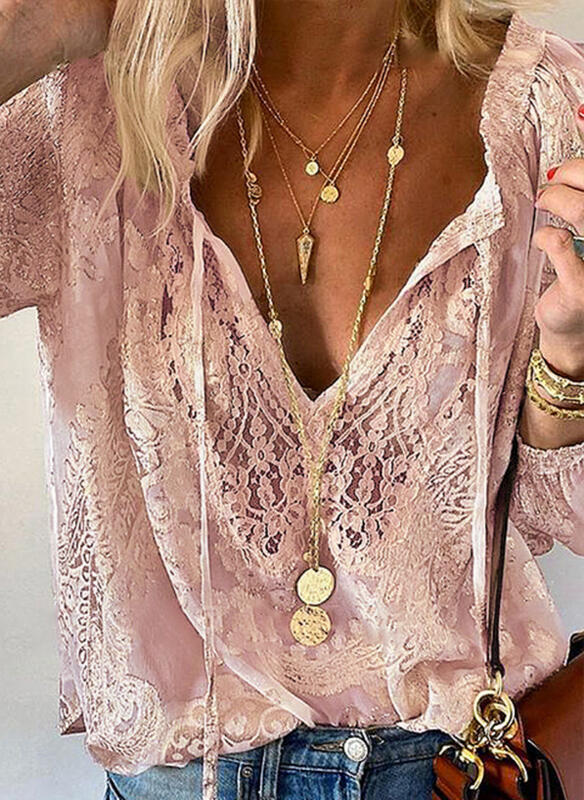 Damer elegant blus med fin spets och djup V-urringning Mirla-Eva Jonsson