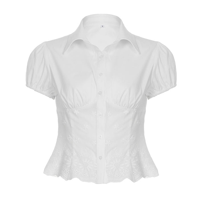 Damer elegant blus med florala broderier och puffärmar Mirla-Eva Jonsson