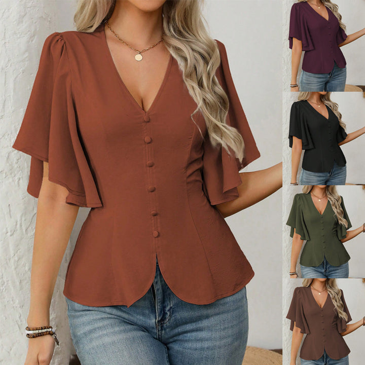 Damer elegant blus med klockärmar och knapppdetail Mirla-Eva Jonsson