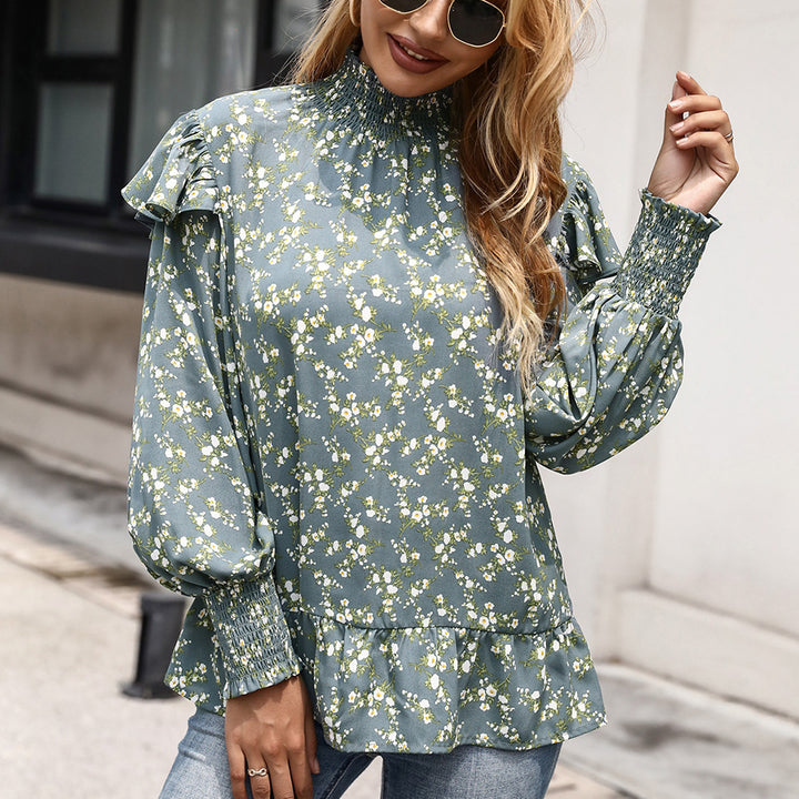 Damer elegant blus med rynkdetalj och hög krage Eva Jonsson-Eva Jonsson