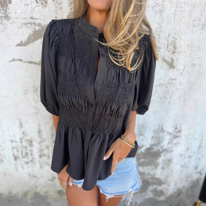 Damer elegant blus med rynkning och genomgående knapprad Eva Jonsson-Eva Jonsson