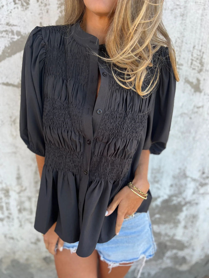 Damer elegant blus med rynkning och genomgående knapprad Eva Jonsson-Eva Jonsson