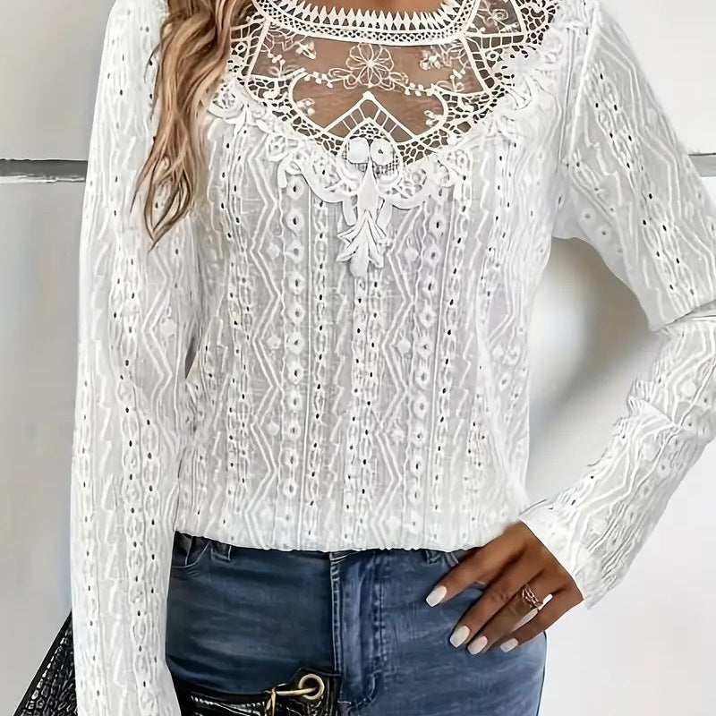 Damer elegant blus med spetsinsatser och detaljerat hålmönster Mirla-Eva Jonsson