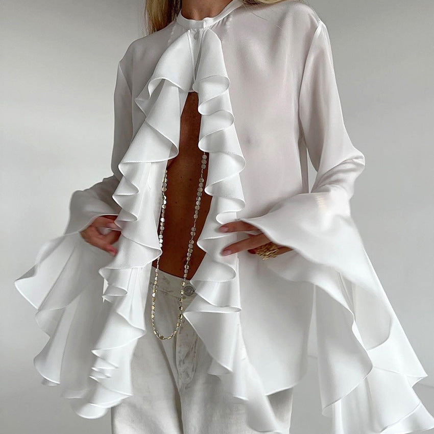 Damer elegant blus med volangdetaljer och vida ärmar Mirla-Eva Jonsson