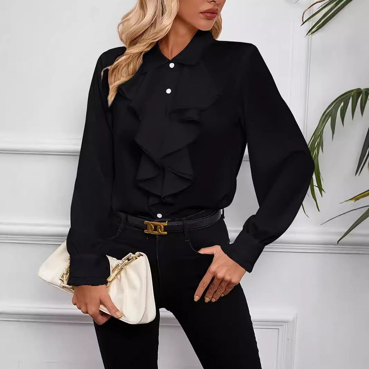 Damer elegant blus med volanger och ståkrage Mirla-Eva Jonsson