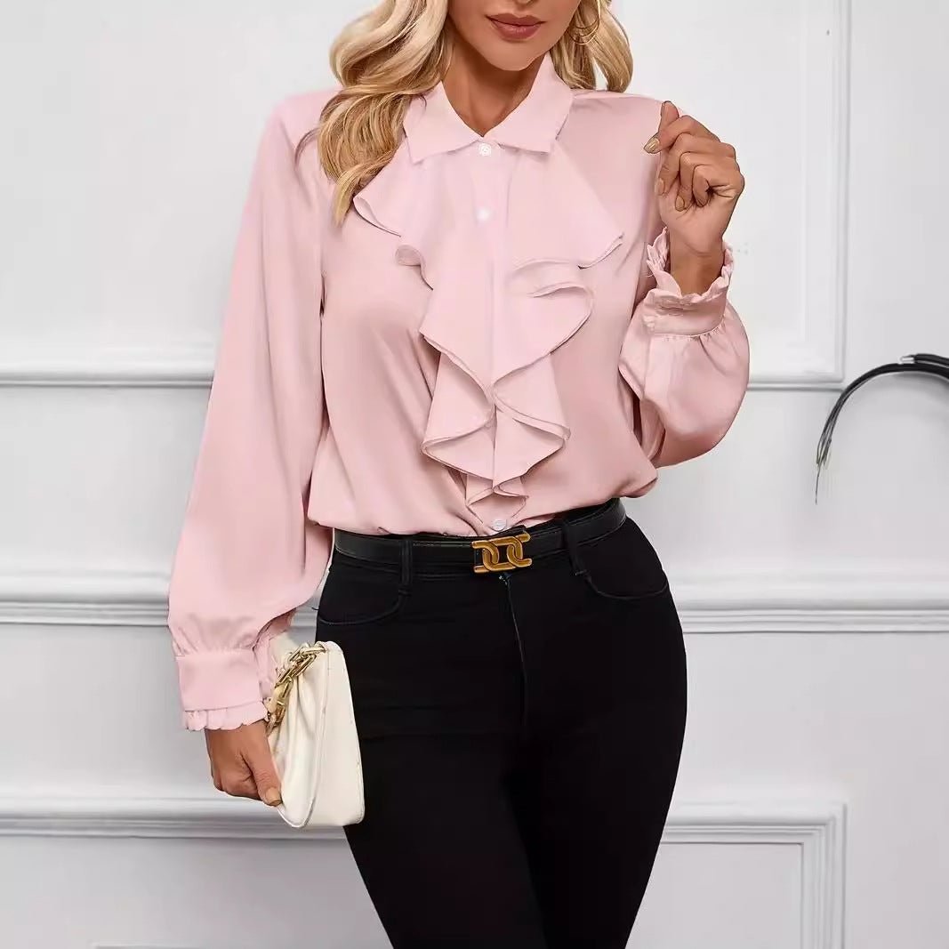 Damer elegant blus med volanger och ståkrage Mirla-Eva Jonsson