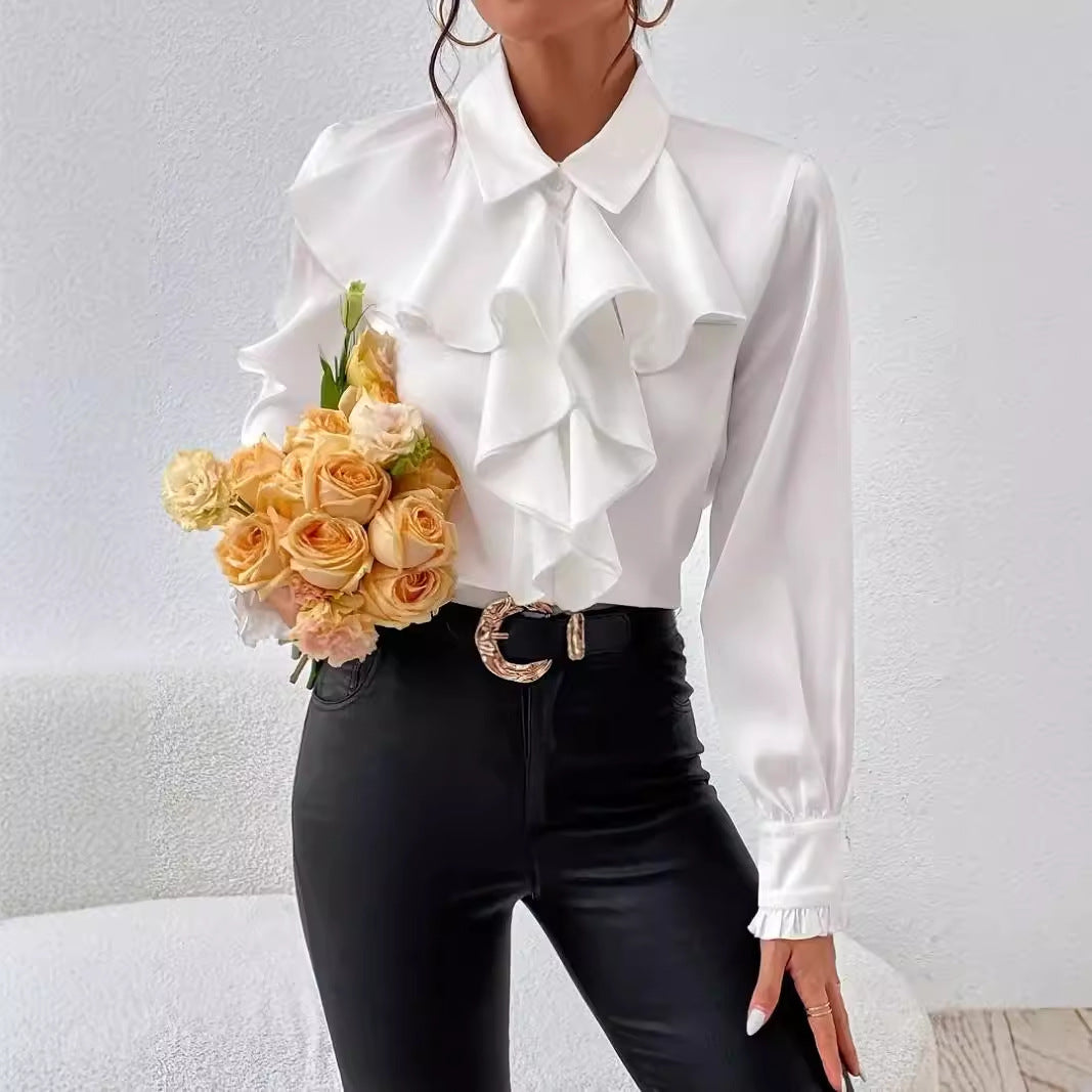 Damer elegant blus med volanger och ståkrage Mirla-Eva Jonsson