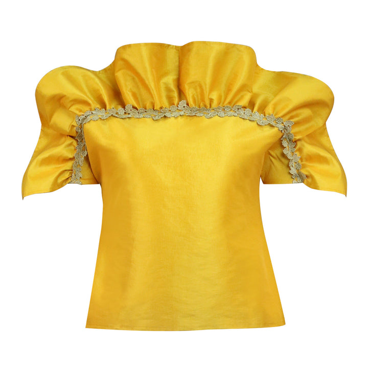 Damer elegant blusenshirt med voluminösa puffärmar och dekorativ spetskant Mirla-Eva Jonsson