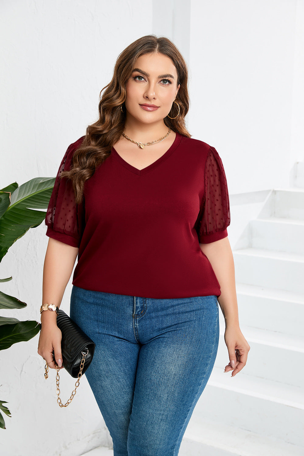 Damer elegant blusenskjorta med genomskinliga puffärmar och V-ringning Mirla-Eva Jonsson
