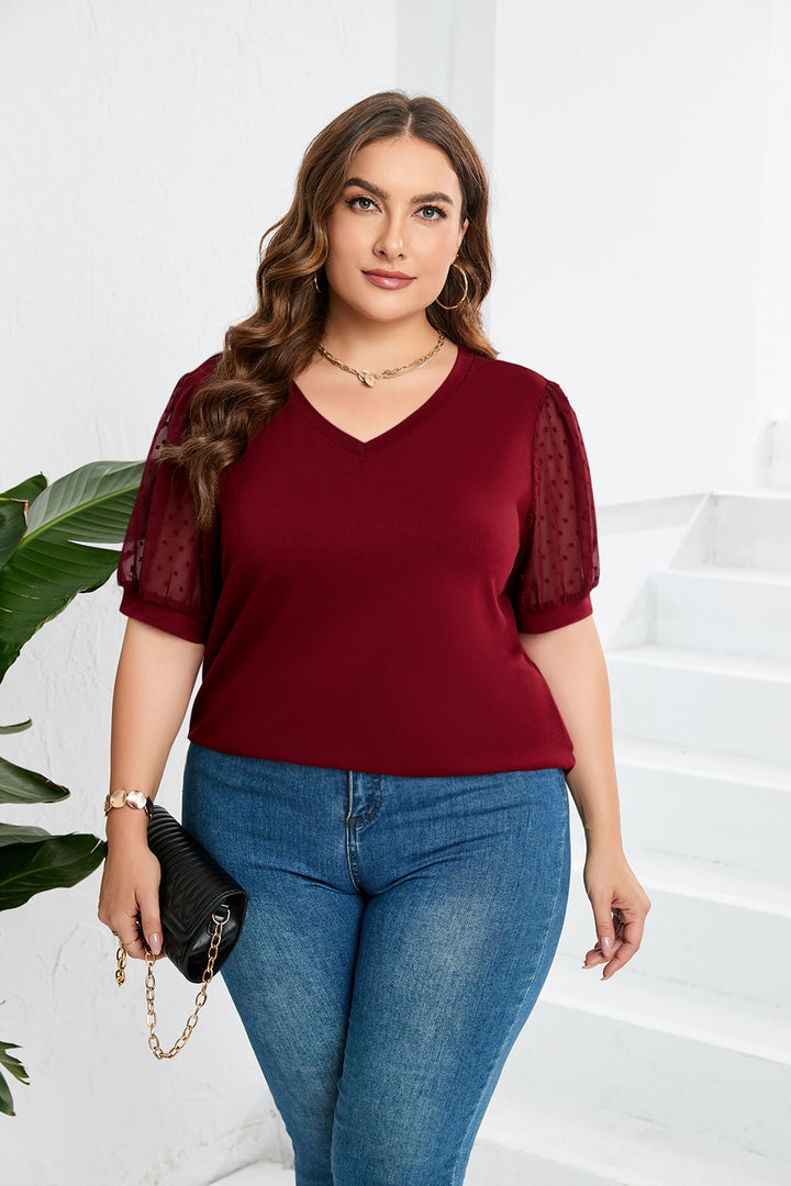 Damer elegant blusenskjorta med genomskinliga puffärmar och V-ringning Mirla-Eva Jonsson