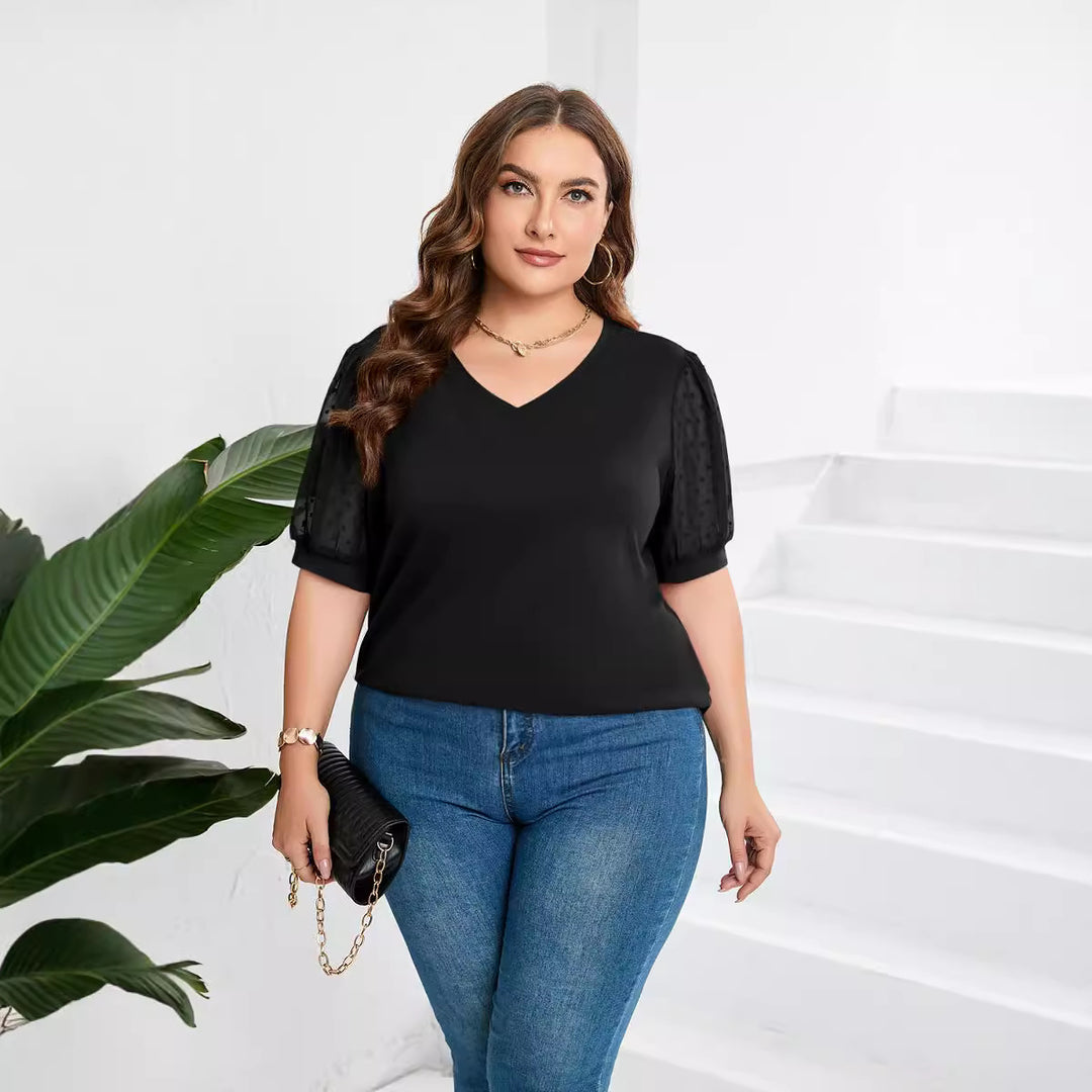 Damer elegant blusenskjorta med genomskinliga puffärmar och V-ringning Mirla-Eva Jonsson