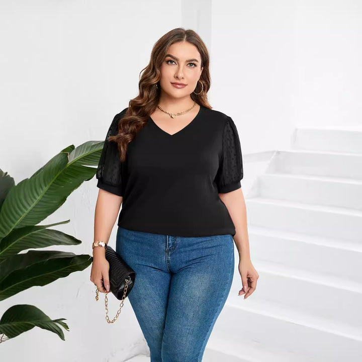 Damer elegant blusenskjorta med genomskinliga puffärmar och V-ringning Mirla-Eva Jonsson