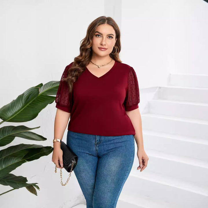 Damer elegant blusenskjorta med genomskinliga puffärmar och V-ringning Mirla-Eva Jonsson