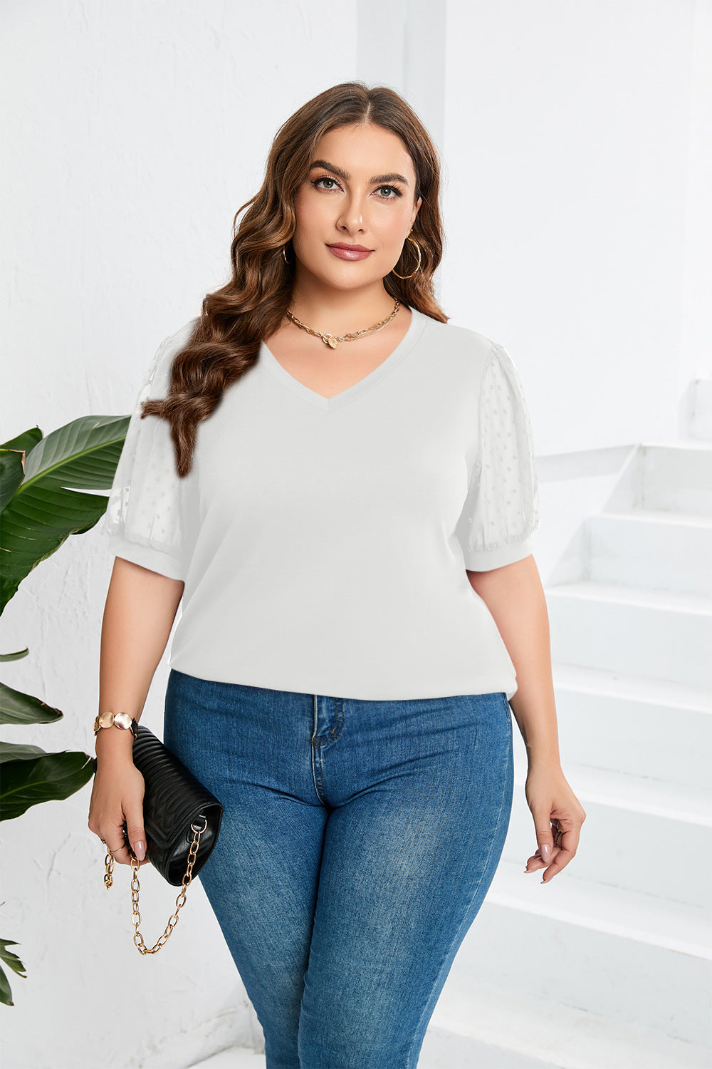 Damer elegant blusenskjorta med genomskinliga puffärmar och V-ringning Mirla-Eva Jonsson