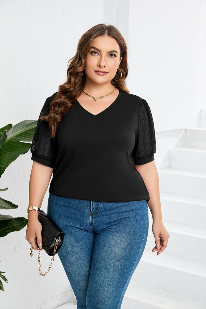 Damer elegant blusenskjorta med genomskinliga puffärmar och V-ringning Mirla-Eva Jonsson