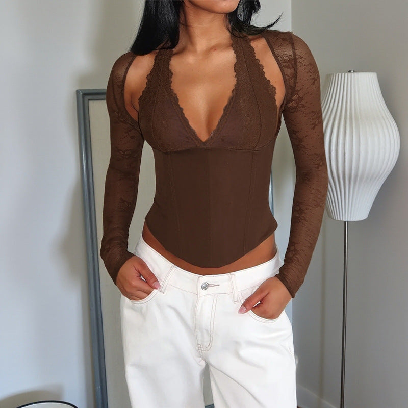 Damer elegant body med spetsdetaljer och djup V- U-ringning Mirla-Eva Jonsson