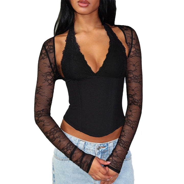 Damer elegant body med spetsdetaljer och djup V- U-ringning Mirla-Eva Jonsson