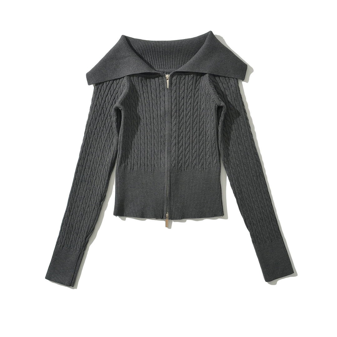 Damer elegant cardigan i kabelstickad design med oversize krage Mirla-Eva Jonsson