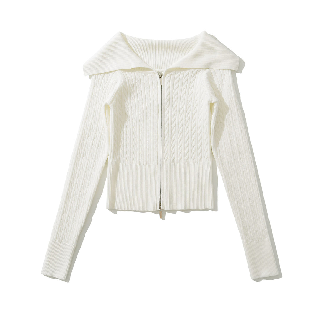 Damer elegant cardigan i kabelstickad design med oversize krage Mirla-Eva Jonsson