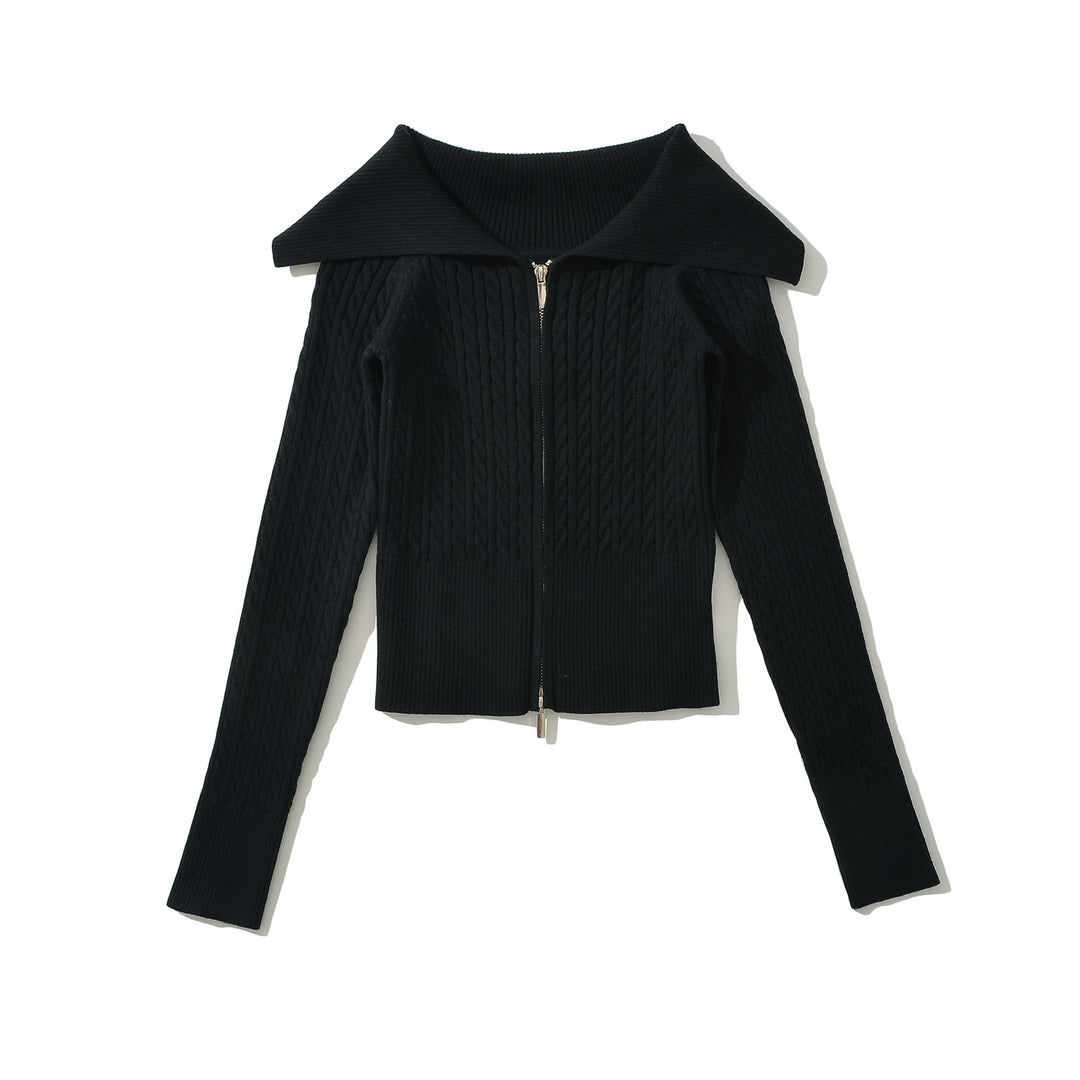 Damer elegant cardigan i kabelstickad design med oversize krage Mirla-Eva Jonsson