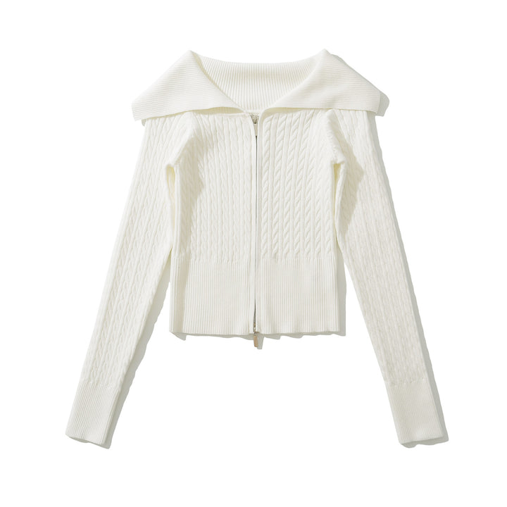 Damer elegant cardigan i kabelstickad design med oversize krage Mirla-Eva Jonsson